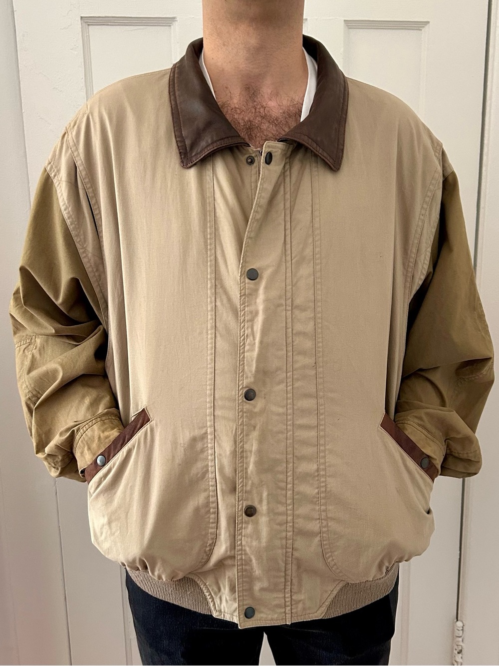 Vintage Boston Traders Bomber Jacket L Beige Olive Leather Collar Oversized 90s